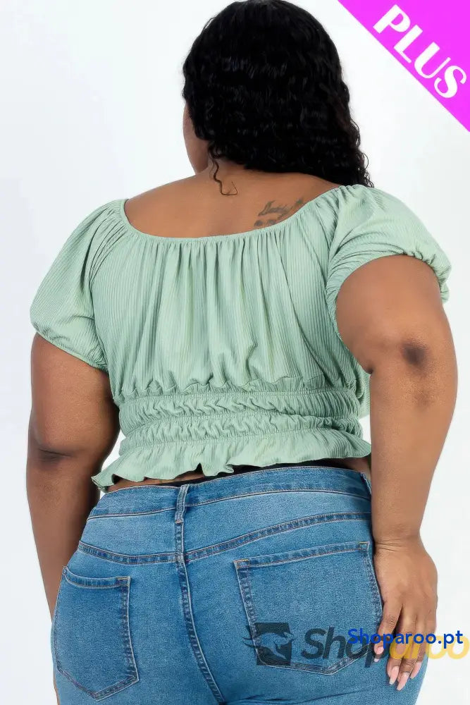 Blusa plus size de malha canelada verde com manga abalonada