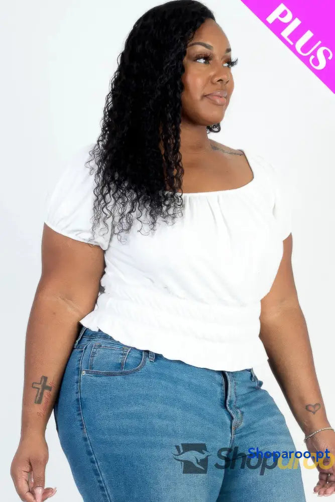 Blusa plus size de malha canelada com manga abalonada branca