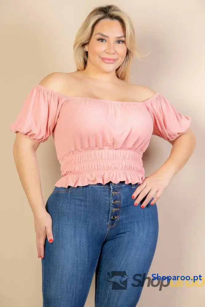 Blusa plus size de malha canelada com manga abalonada Blush