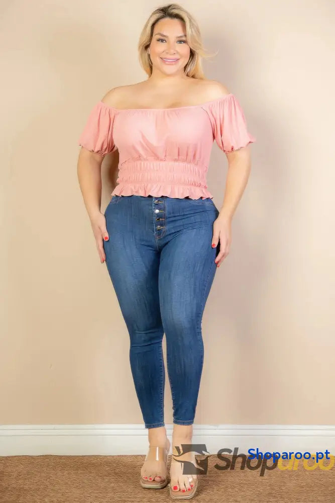 Blusa plus size de malha canelada com manga abalonada Blush