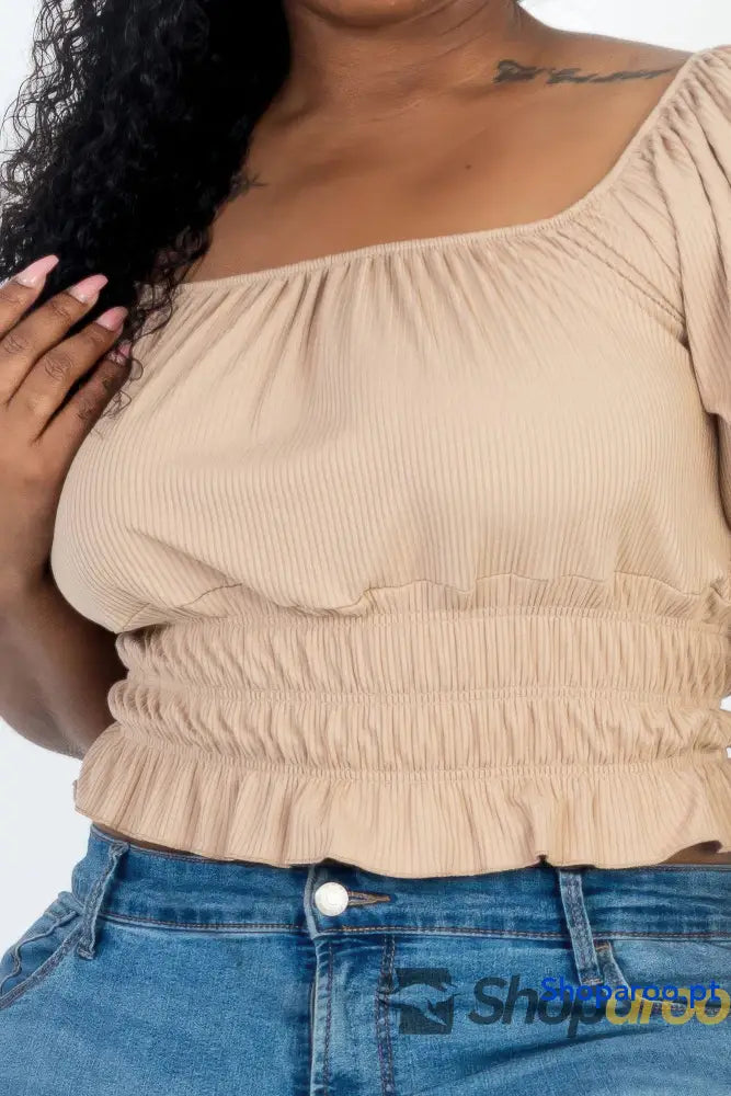 Blusa plus size de malha canelada com manga abalonada cor Latte