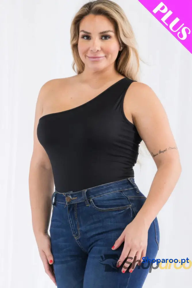 Body Casual Plus Size de Um Ombro Só Preto em Jersey