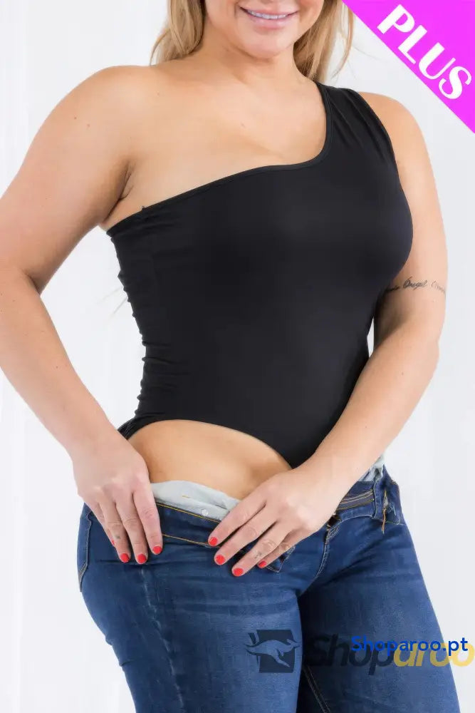 Body Casual Plus Size de Um Ombro Só Preto em Jersey