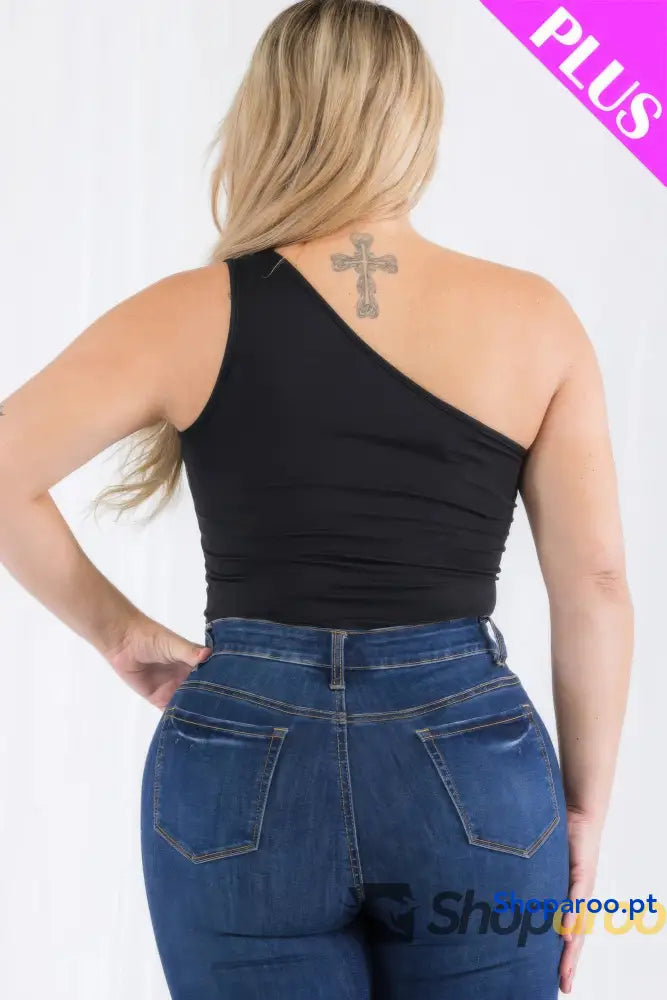 Body Casual Plus Size de Um Ombro Só Preto em Jersey