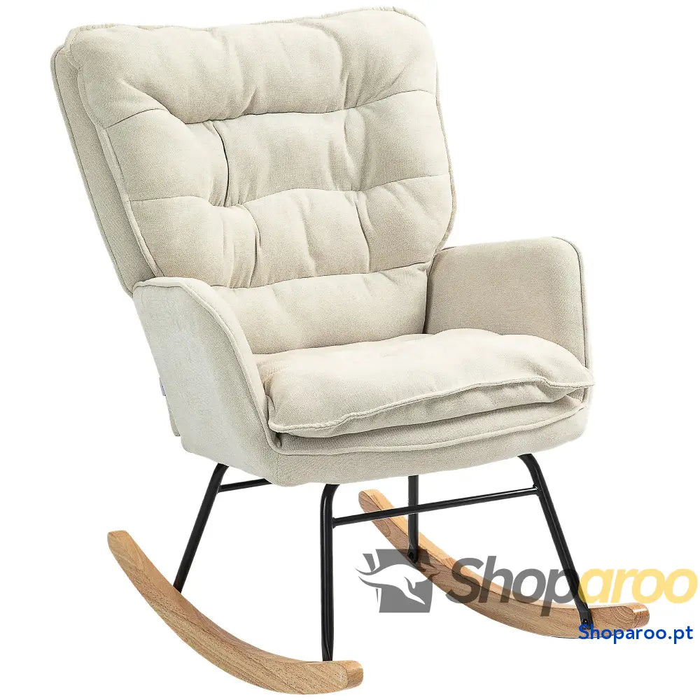 Poltrona Baloiço Estofada em Chenilla com Pés de Madeira Faia e Apoio para os Braços Lactância 71x98,5x97 cm Bege