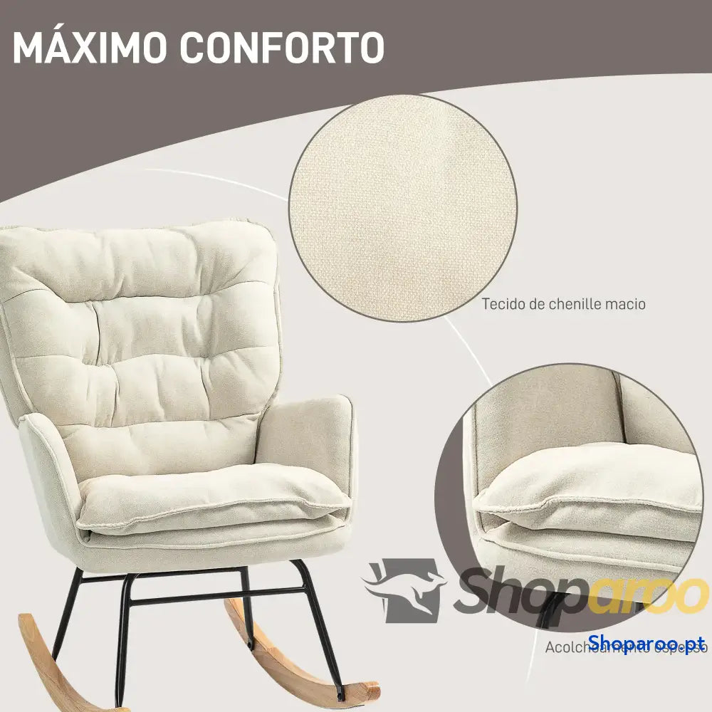 Poltrona Baloiço Estofada em Chenilla com Pés de Madeira Faia e Apoio para os Braços Lactância 71x98,5x97 cm Bege