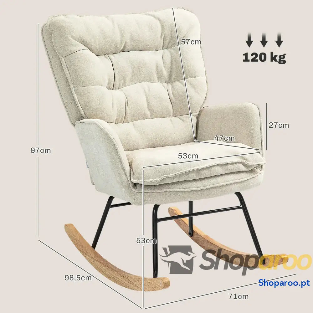 Poltrona Baloiço Estofada em Chenilla com Pés de Madeira Faia e Apoio para os Braços Lactância 71x98,5x97 cm Bege