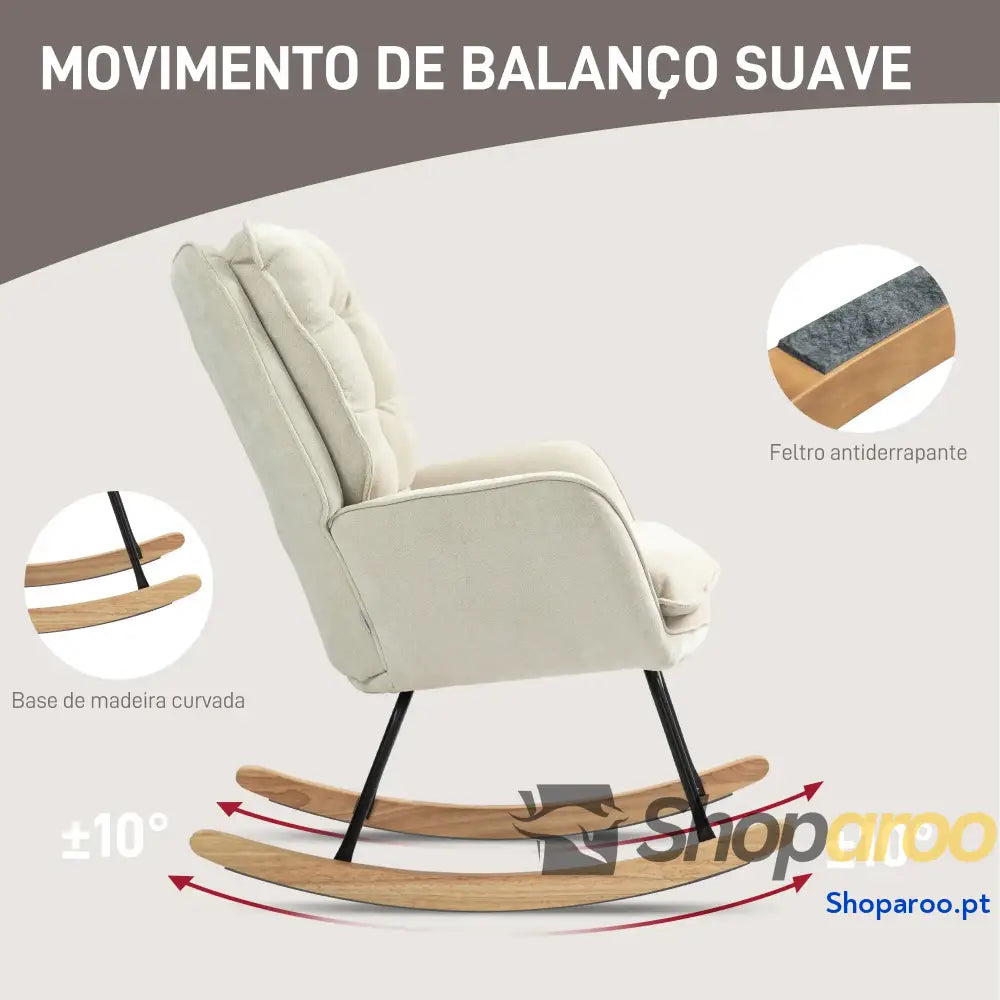 Poltrona Baloiço Estofada em Chenilla com Pés de Madeira Faia e Apoio para os Braços Lactância 71x98,5x97 cm Bege