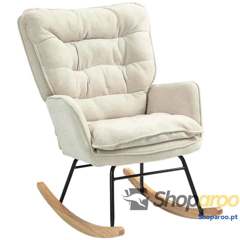 Poltrona Baloiço Estofada em Chenilla com Pés de Madeira Faia e Apoio para os Braços Lactância 71x98,5x97 cm Bege