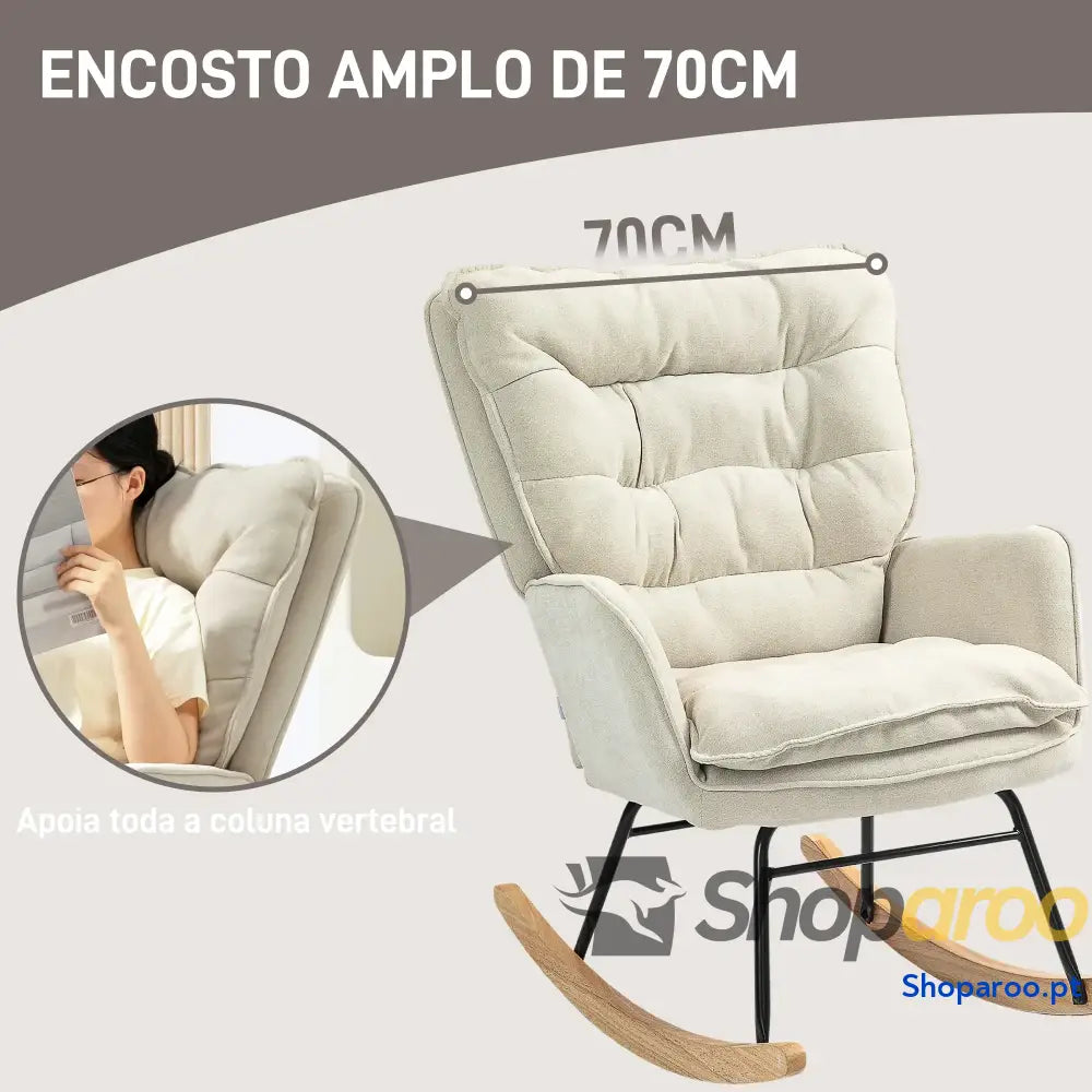 Poltrona Baloiço Estofada em Chenilla com Pés de Madeira Faia e Apoio para os Braços Lactância 71x98,5x97 cm Bege