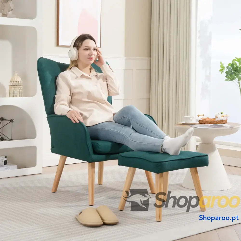 Poltrona com Apoio para Pés Poltrona de Leitura com Capitonê Pés de Madeira e Revestimento em Linho 70x72x94 cm Verde Escuro