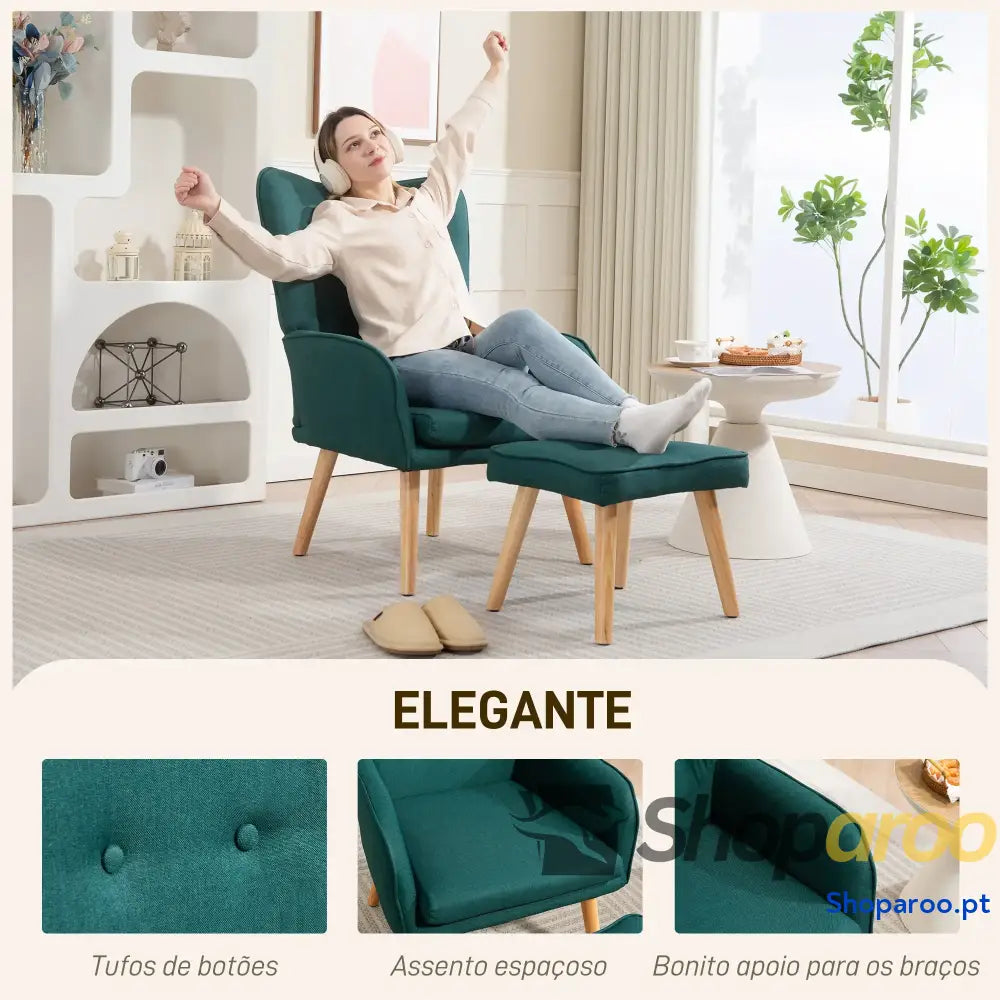 Poltrona com Apoio para Pés de Leitura Capitonê Madeira e Revestimento em Linho 70x72x94 cm Verde Escuro
