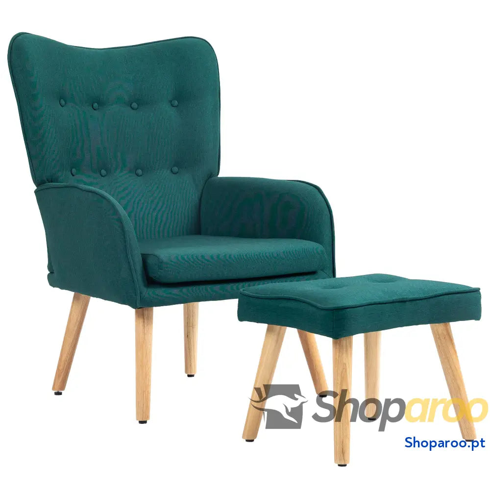 Poltrona com Apoio para Pés de Leitura Capitonê Madeira e Revestimento em Linho 70x72x94 cm Verde Escuro