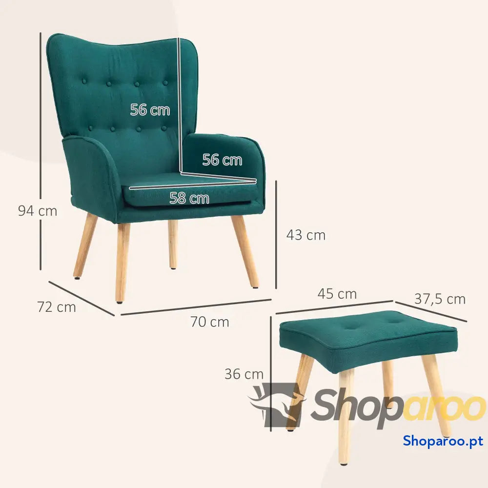 Poltrona com Apoio para Pés de Leitura Capitonê Madeira e Revestimento em Linho 70x72x94 cm Verde Escuro