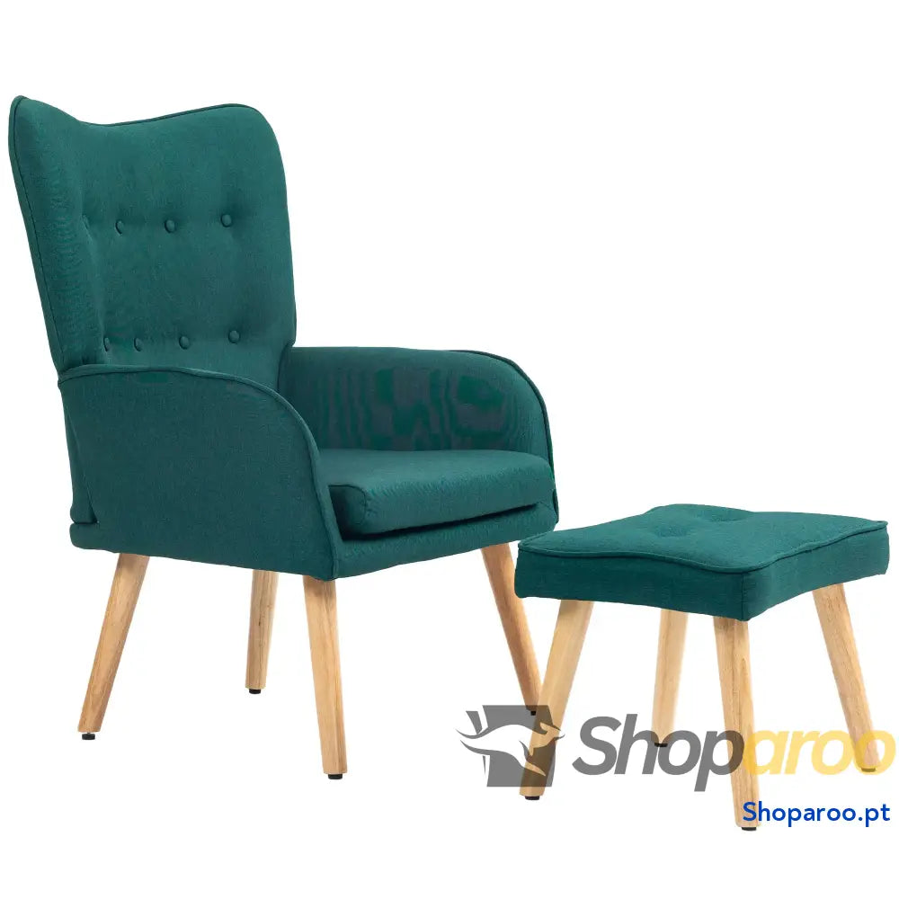 Poltrona com Apoio para Pés de Leitura Capitonê Madeira e Revestimento em Linho 70x72x94 cm Verde Escuro