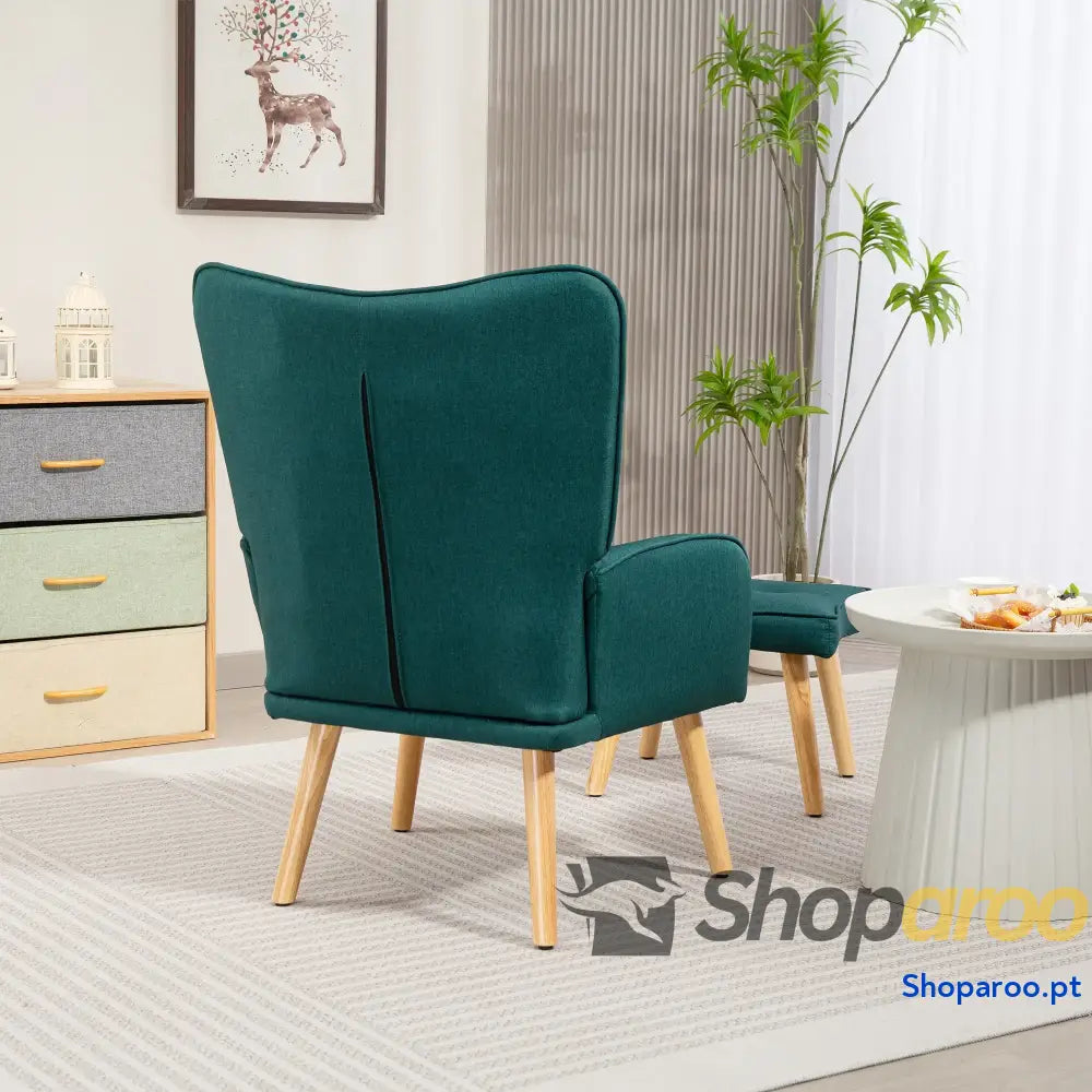 Poltrona com Apoio para Pés de Leitura Capitonê Madeira e Revestimento em Linho 70x72x94 cm Verde Escuro