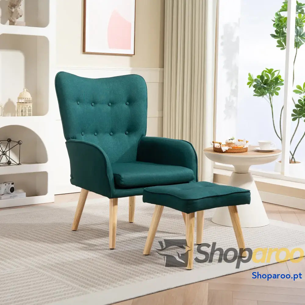 Poltrona com Apoio para Pés de Leitura Capitonê Madeira e Revestimento em Linho 70x72x94 cm Verde Escuro
