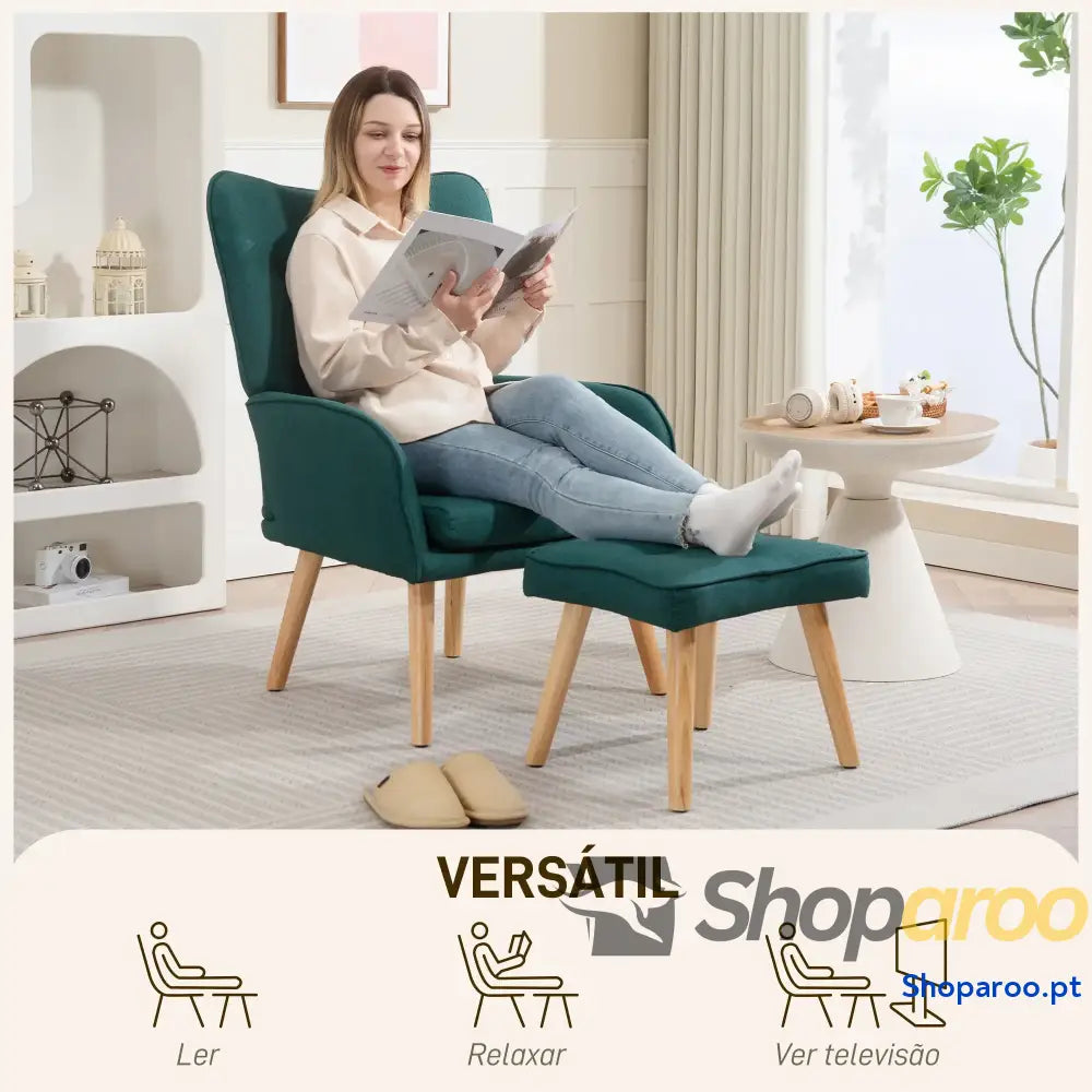 Poltrona com Apoio para Pés de Leitura Capitonê Madeira e Revestimento em Linho 70x72x94 cm Verde Escuro