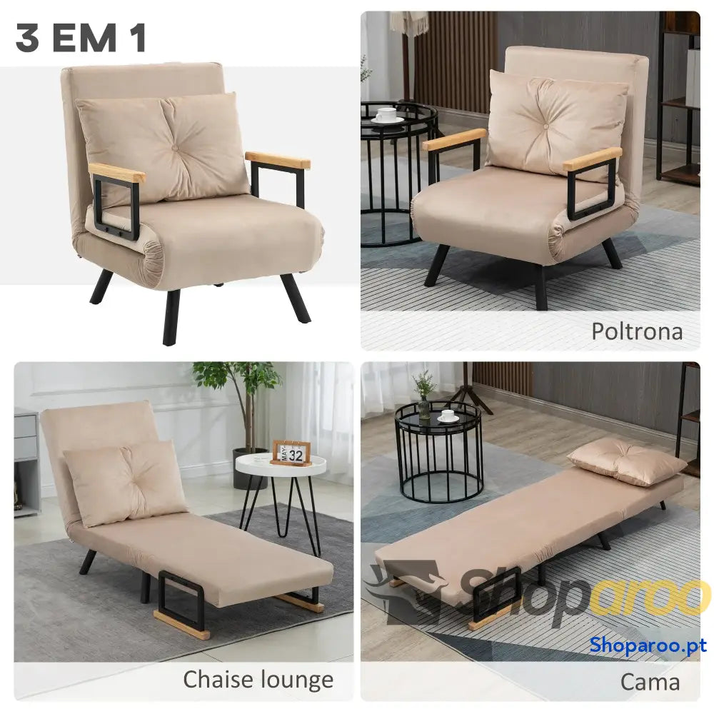 Poltrona Convertível em Cama 3 1 com Encosto Ajustável 5 Níveis 63x73x81 cm Bege