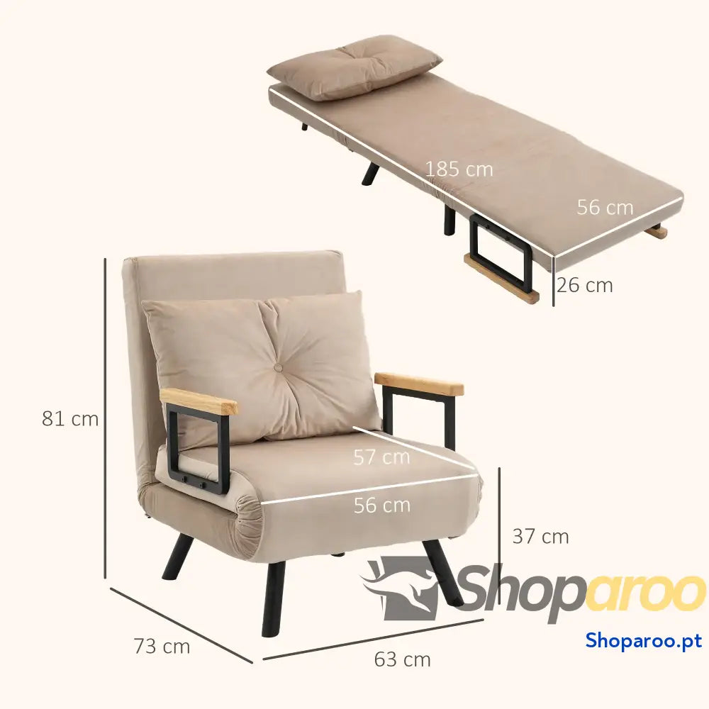 Poltrona Convertível em Cama 3 1 com Encosto Ajustável 5 Níveis 63x73x81 cm Bege