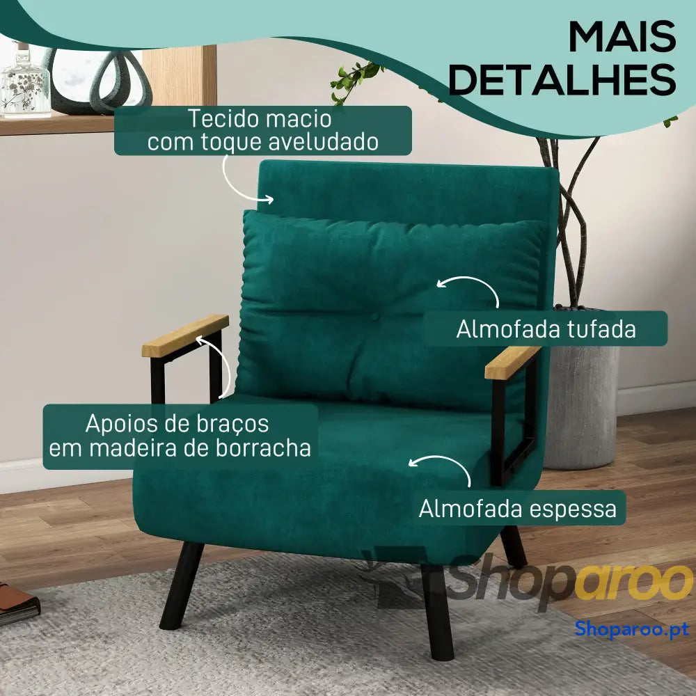 Poltrona Convertível em Cama Dobrável com Encosto Ajustável 5 Níveis e Almofada Acolchoada Carga 120 kg 63x73x81 cm