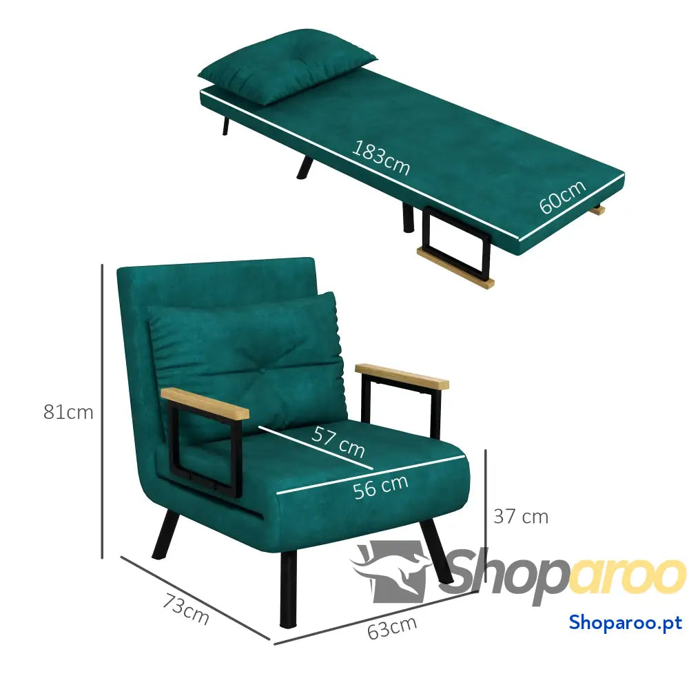 Poltrona Convertível em Cama Dobrável com Encosto Ajustável 5 Níveis e Almofada Acolchoada Carga 120 kg 63x73x81 cm