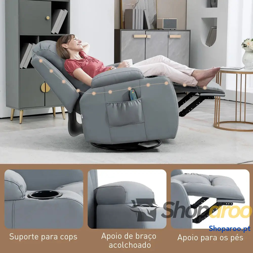 Poltrona de Massagem Reclinável até 150° com 8 Pontos por Vibração Função Aquecimento 85x94x104 cm Cinza