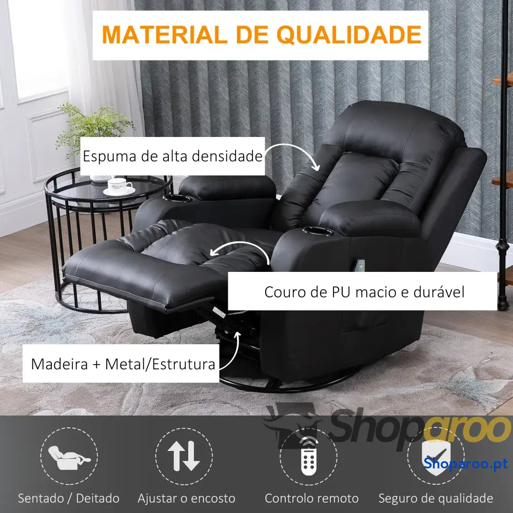 Poltrona de Massagem Reclinável até 150° com 8 Pontos por Vibração Função Aquecimento 85x94x104 cm Preto