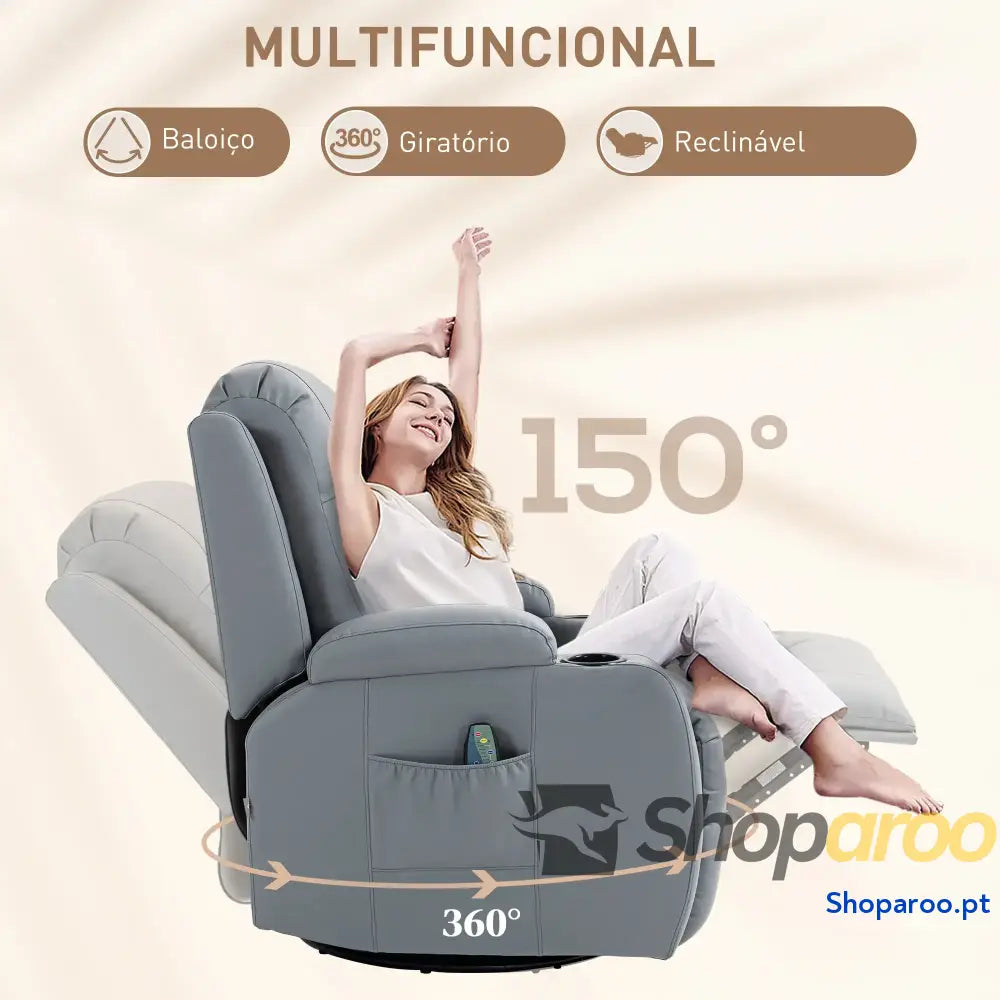 Poltrona de Massagem Reclinável até 150° com 8 Pontos por Vibração Função Aquecimento 85x94x104 cm Cinza