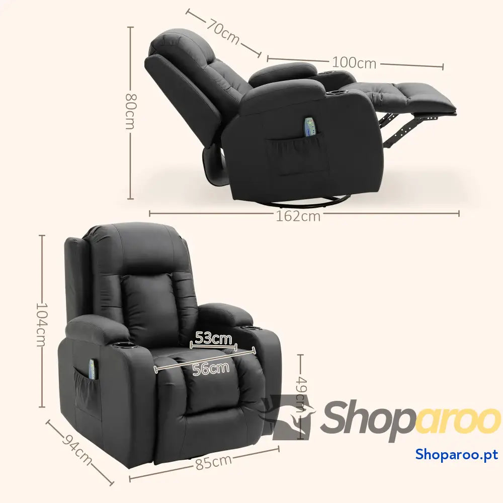 Poltrona de Massagem Reclinável até 150° com 8 Pontos por Vibração Função Aquecimento 85x94x104 cm Preto