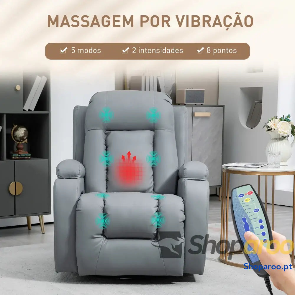 Poltrona de Massagem Reclinável até 150° com 8 Pontos por Vibração Função Aquecimento 85x94x104 cm Cinza