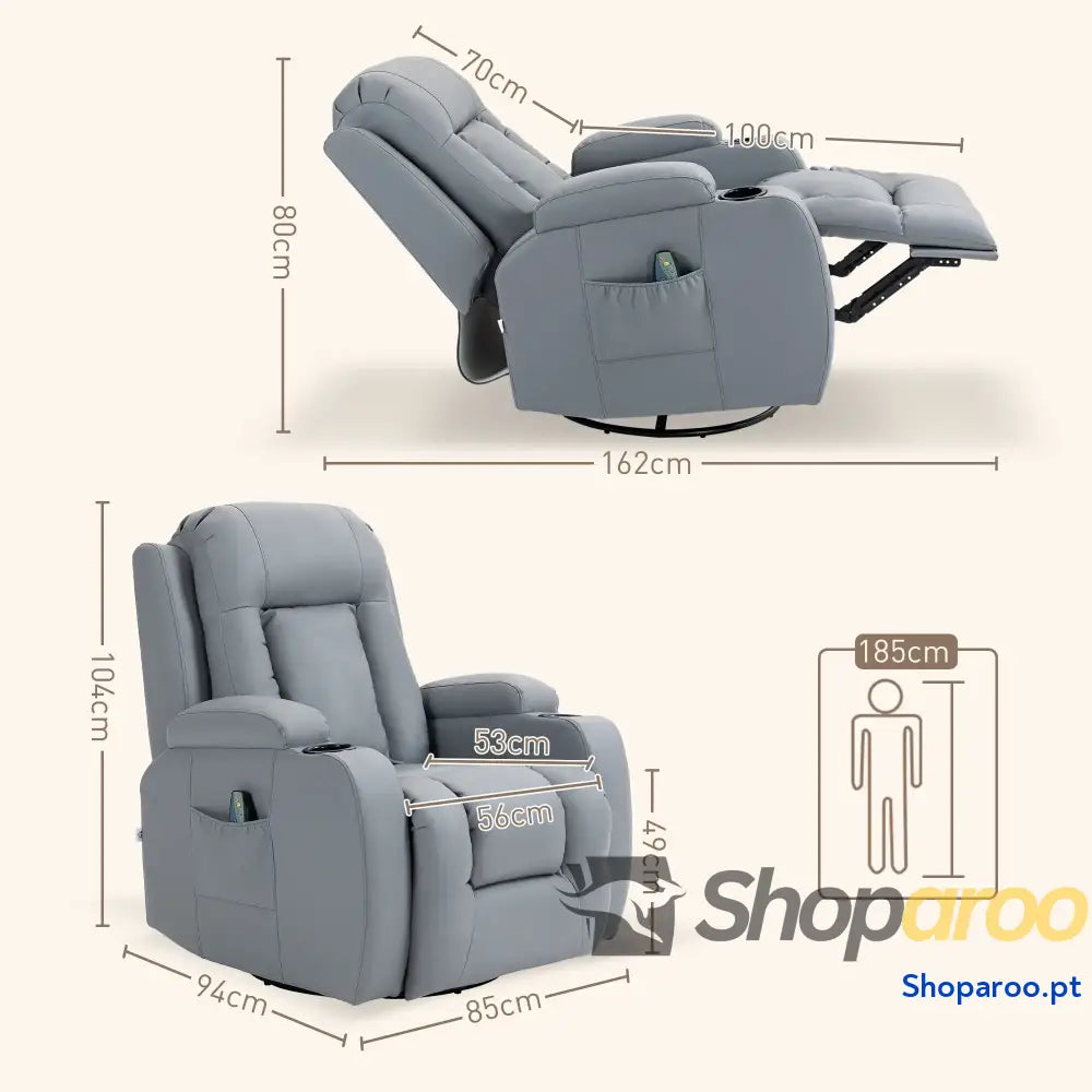 Poltrona de Massagem Reclinável até 150° com 8 Pontos por Vibração Função Aquecimento 85x94x104 cm Cinza