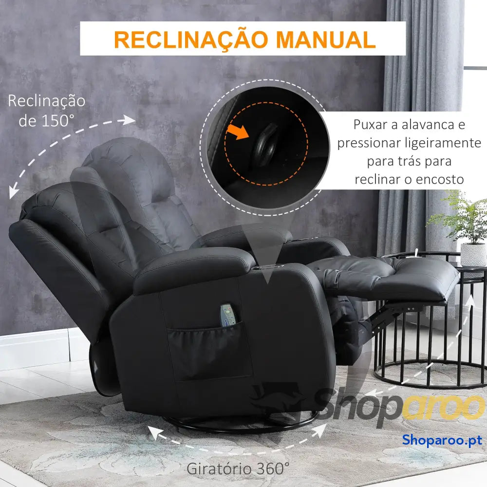 Poltrona de Massagem Reclinável até 150° com 8 Pontos por Vibração Função Aquecimento 85x94x104 cm Preto