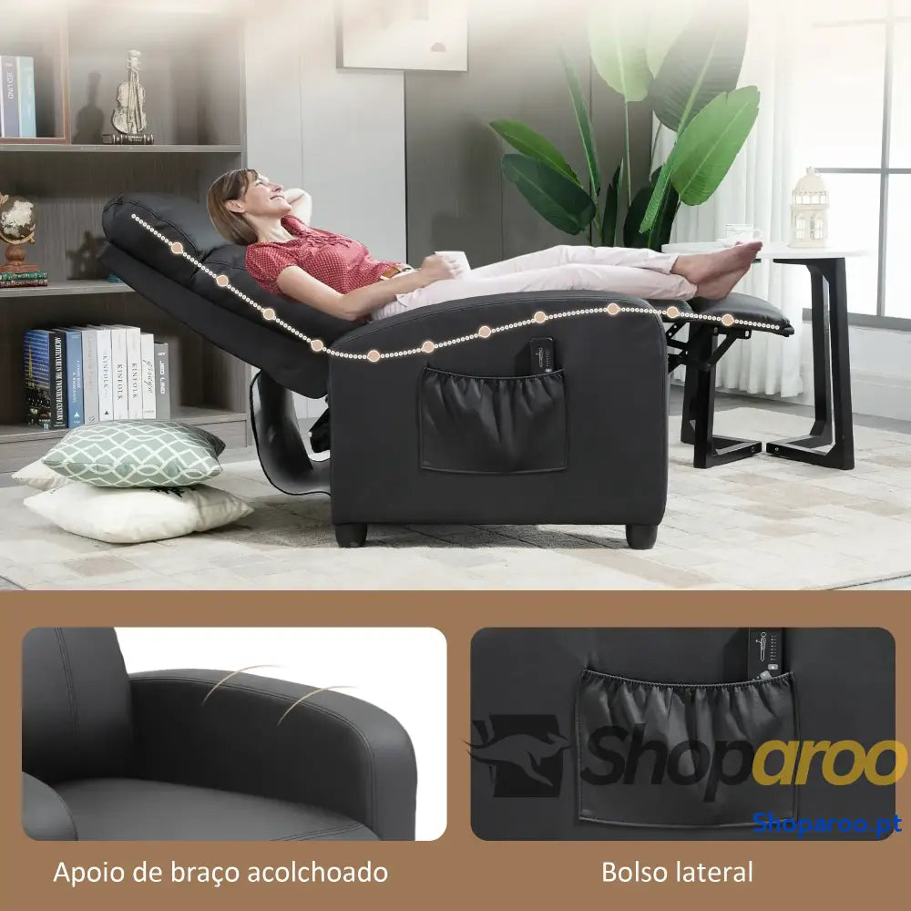 Poltrona de Massagem Reclinável com 2 Zonas 8 Programas e 5 Níveis Intensidade 68x88x98 cm Preto