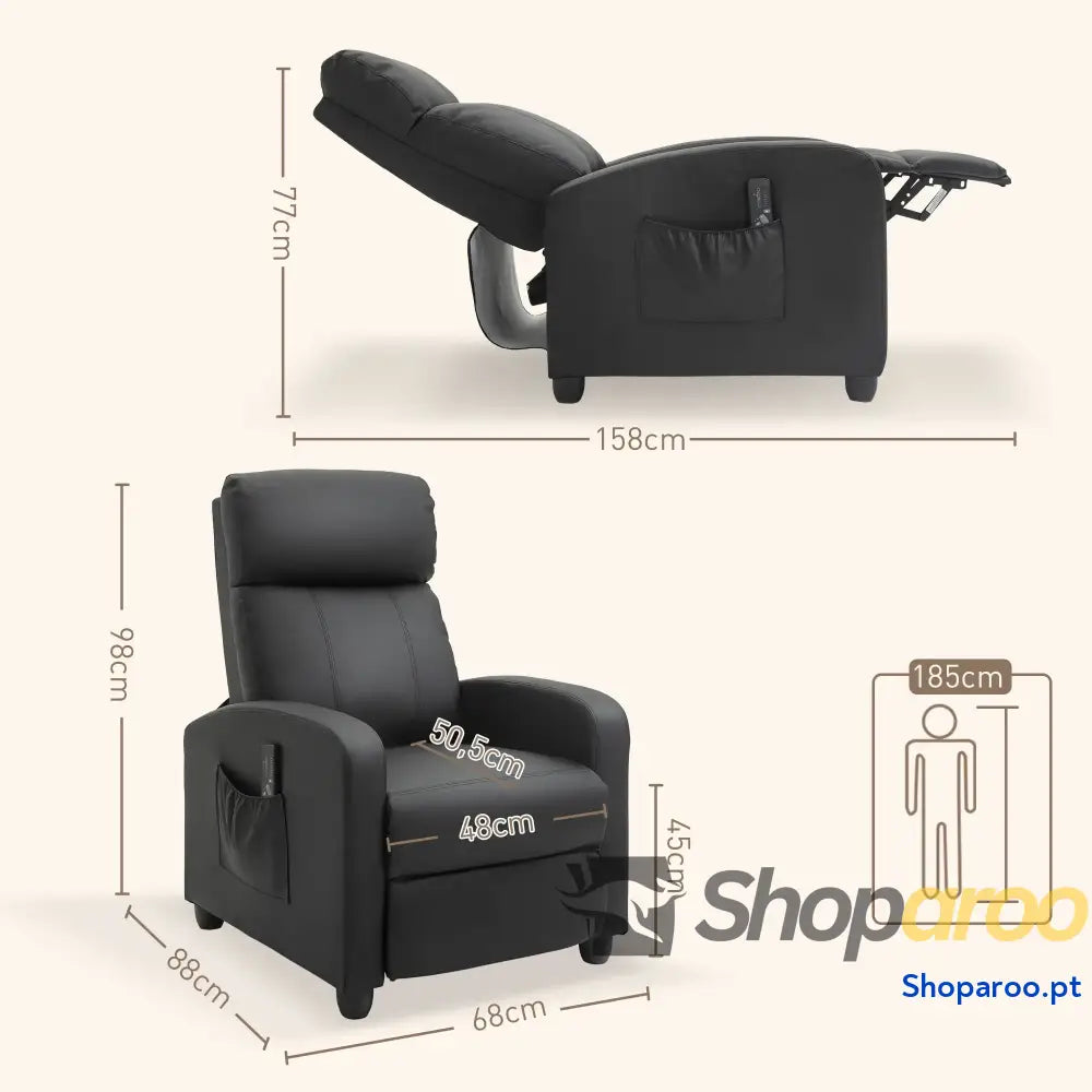 Poltrona de Massagem Reclinável com 2 Zonas 8 Programas e 5 Níveis Intensidade 68x88x98 cm Preto