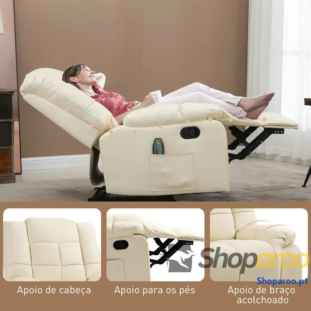 Poltrona de Massagem Relax Reclinável com 8 Pontos Controlo Remoto Estofada em PU 94x99x99 cm Creme