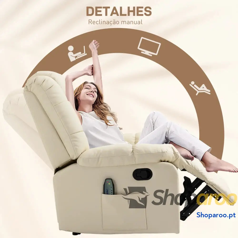 Poltrona de Massagem Relax Reclinável com 8 Pontos Controlo Remoto Estofada em PU 94x99x99 cm Creme