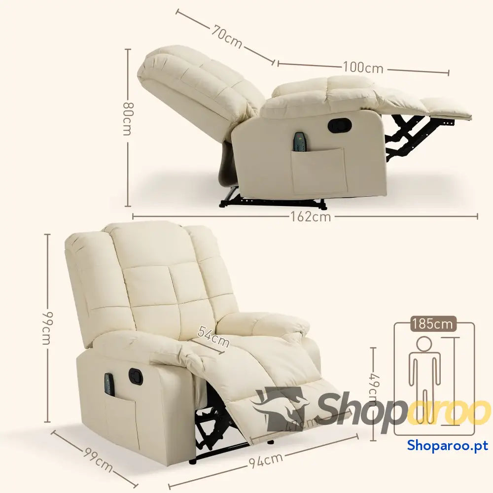 Poltrona de Massagem Relax Reclinável com 8 Pontos Controlo Remoto Estofada em PU 94x99x99 cm Creme