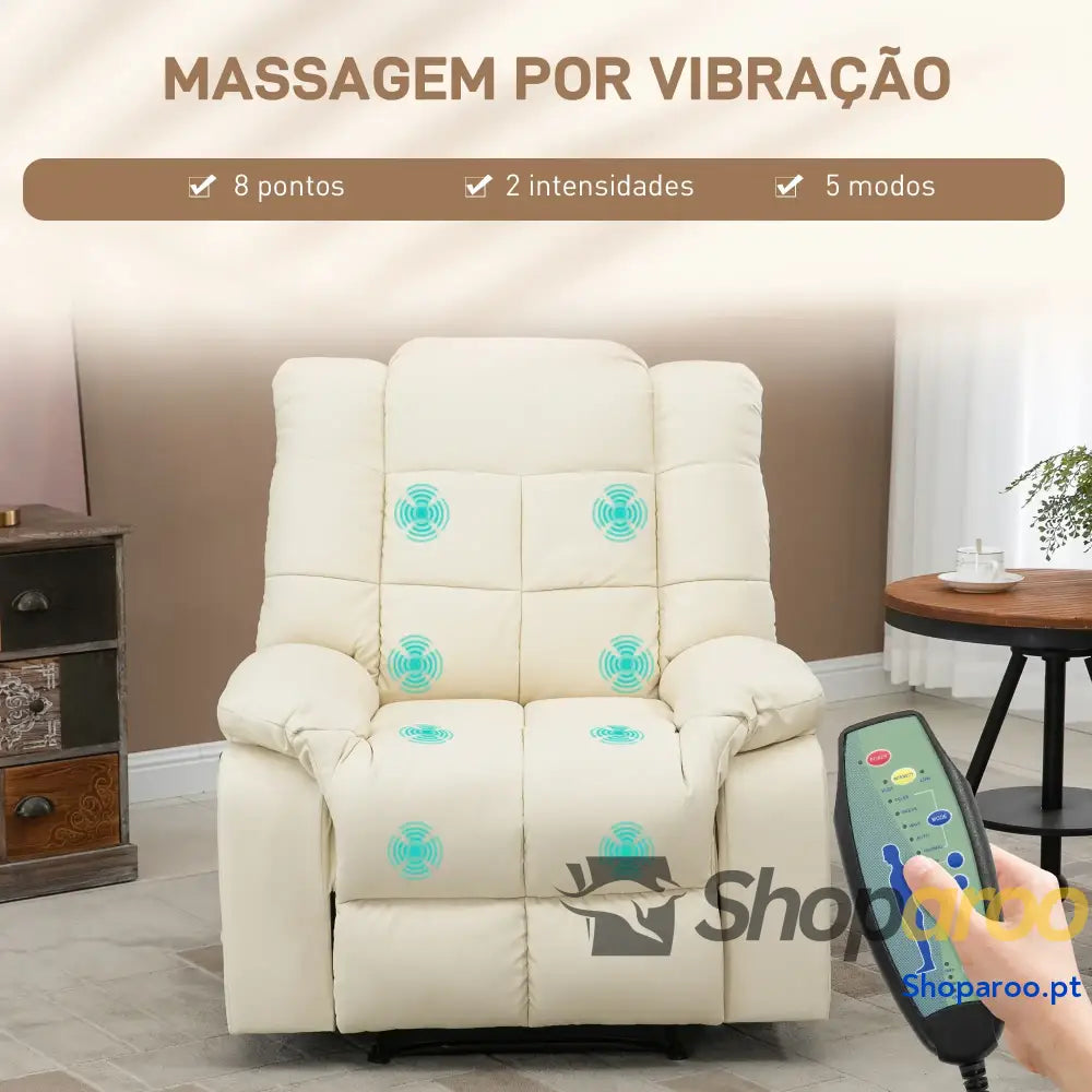 Poltrona de Massagem Relax Reclinável com 8 Pontos Controlo Remoto Estofada em PU 94x99x99 cm Creme