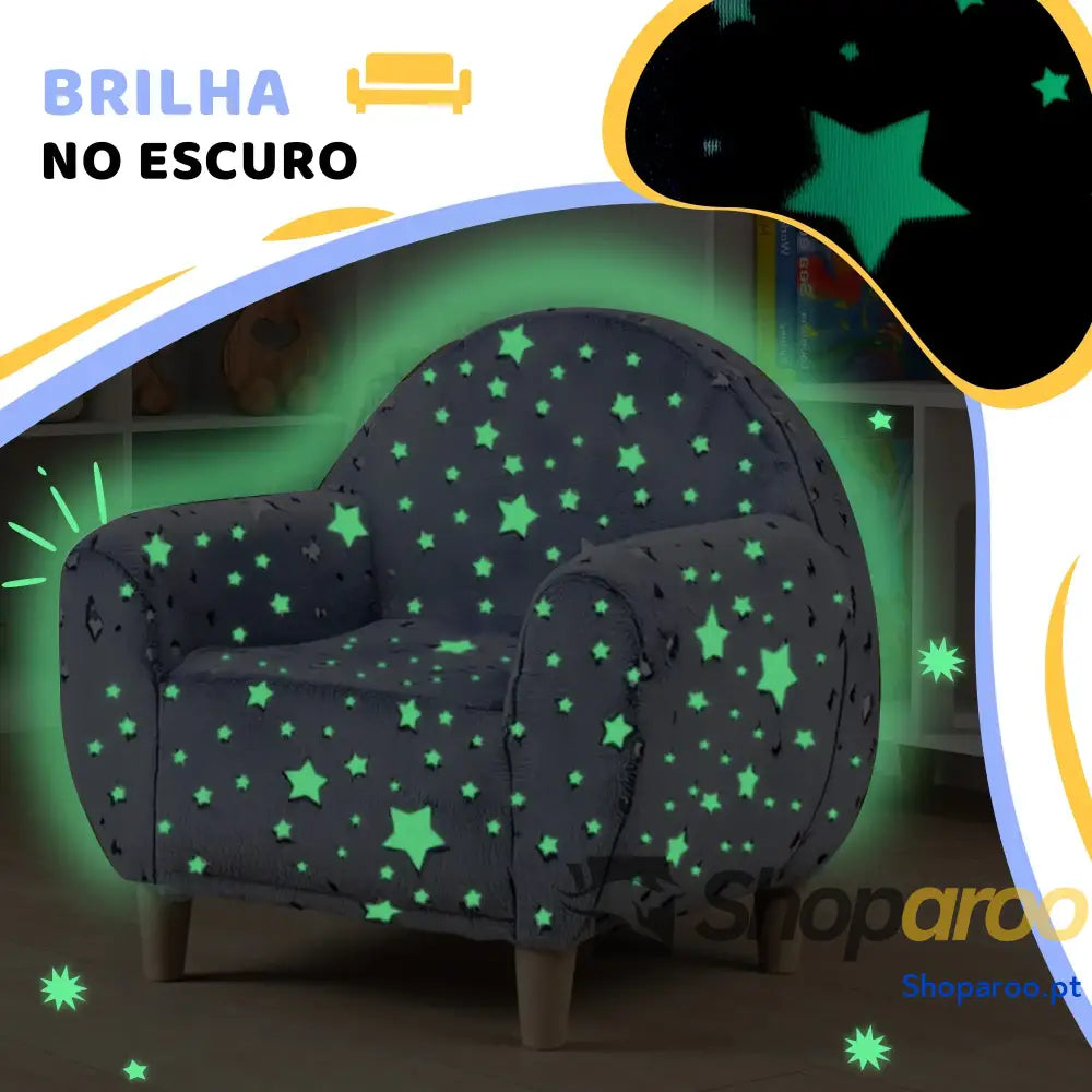 Poltrona para Crianças com Desenho de Estrelas que Brilham no Escuro Tecido Suave Veludo 55x40x55 cm Cinzento