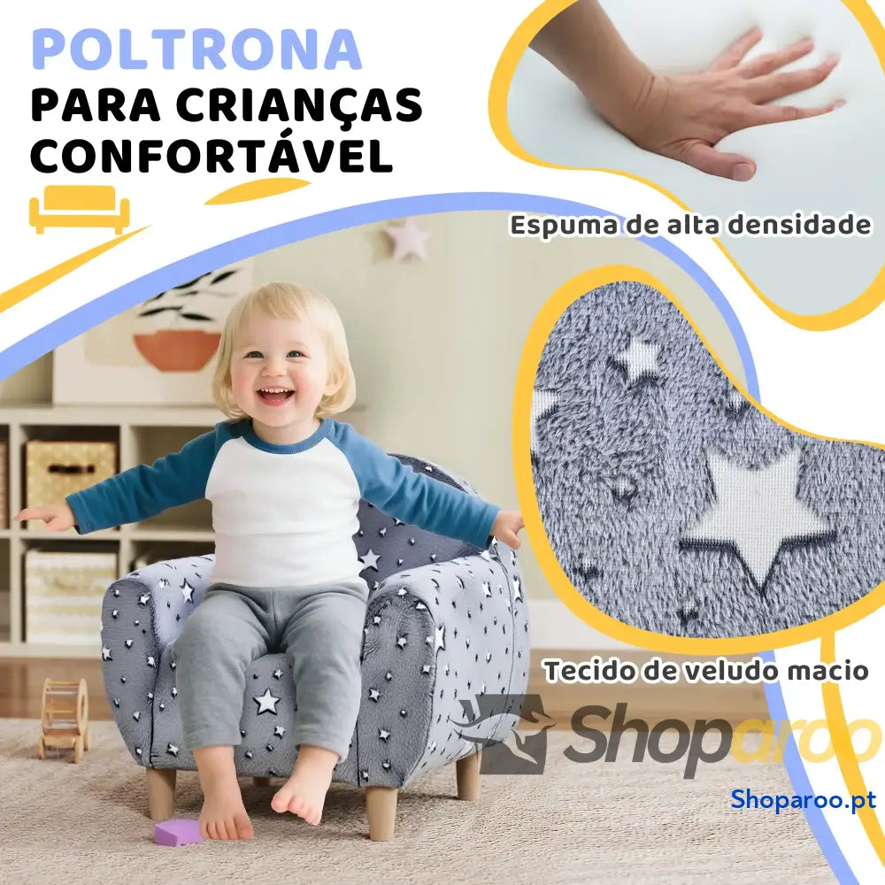 Poltrona para Crianças com Desenho de Estrelas que Brilham no Escuro Tecido Suave Veludo 55x40x55 cm Cinzento