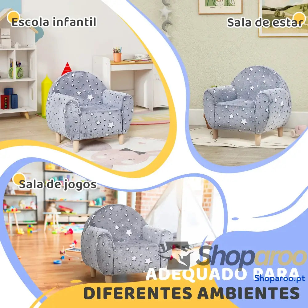 Poltrona para Crianças com Desenho de Estrelas que Brilham no Escuro Tecido Suave Veludo 55x40x55 cm Cinzento