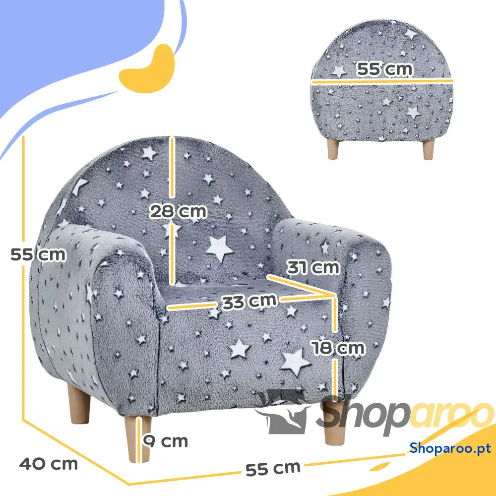 Poltrona para Crianças com Desenho de Estrelas que Brilham no Escuro Tecido Suave Veludo 55x40x55 cm Cinzento