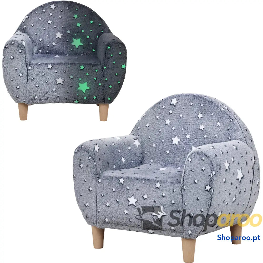 Poltrona para Crianças com Desenho de Estrelas que Brilham no Escuro Tecido Suave Veludo 55x40x55 cm Cinzento