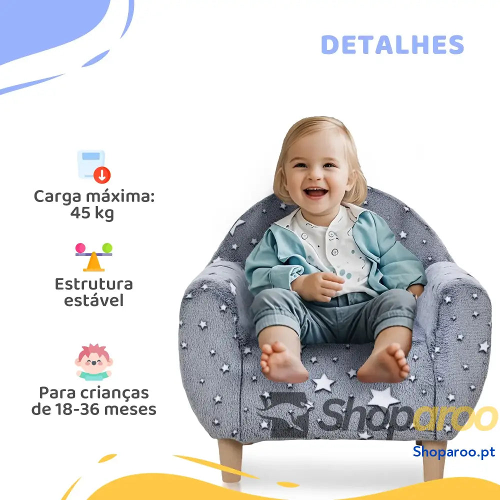 Poltrona para Crianças com Desenho de Estrelas que Brilham no Escuro Tecido Suave Veludo 55x40x55 cm Cinzento