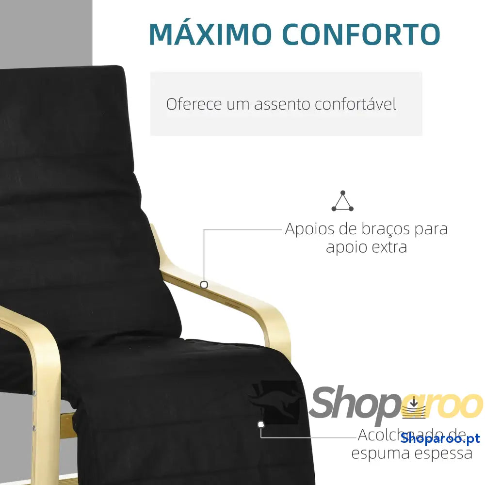 Poltrona Relax com Apoio para os Pés Ajustáveis Estofada em Tecido Estrutura de Madeira 66,5x94x100 cm Preto