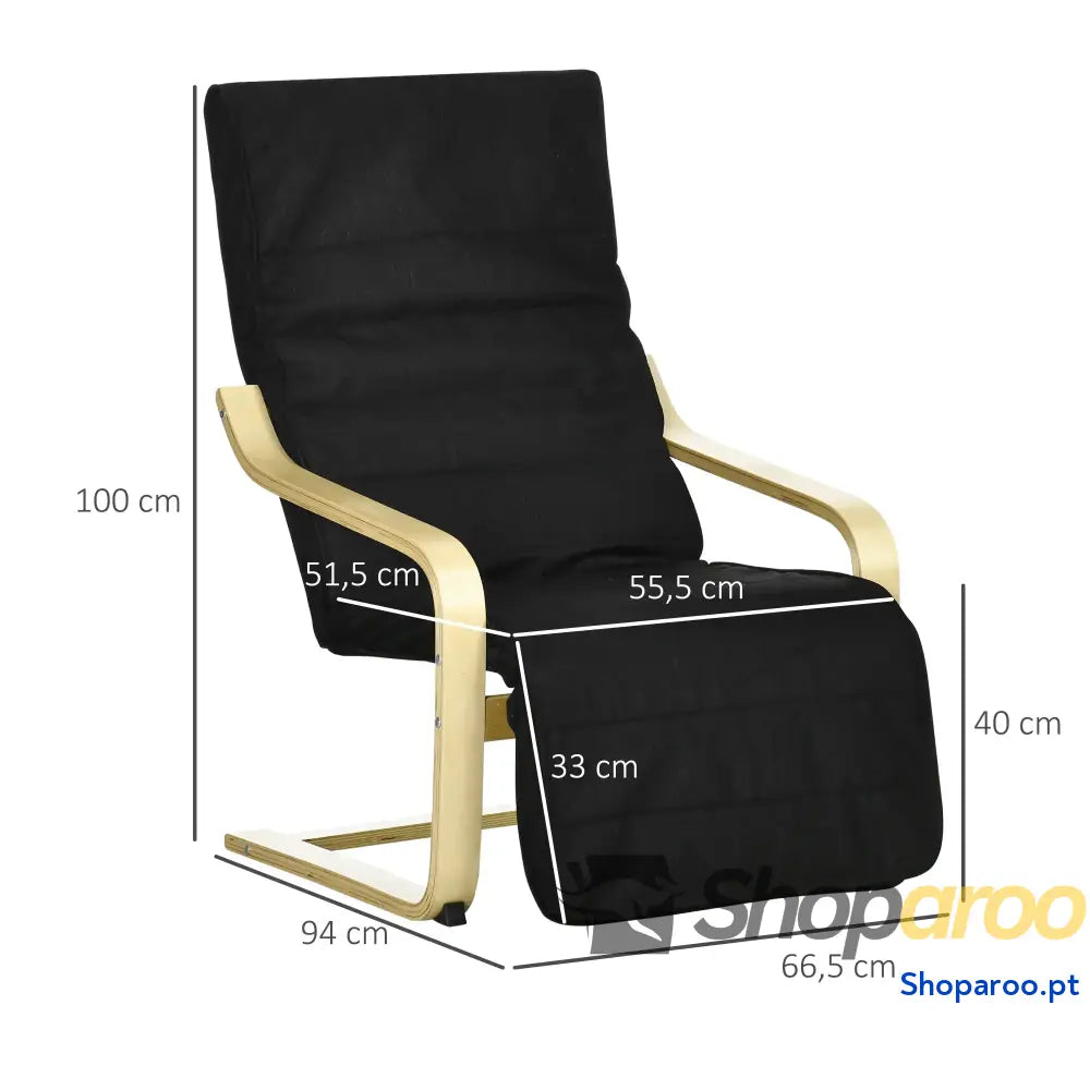Poltrona Relax com Apoio para os Pés Ajustáveis Estofada em Tecido Estrutura de Madeira 66,5x94x100 cm Preto