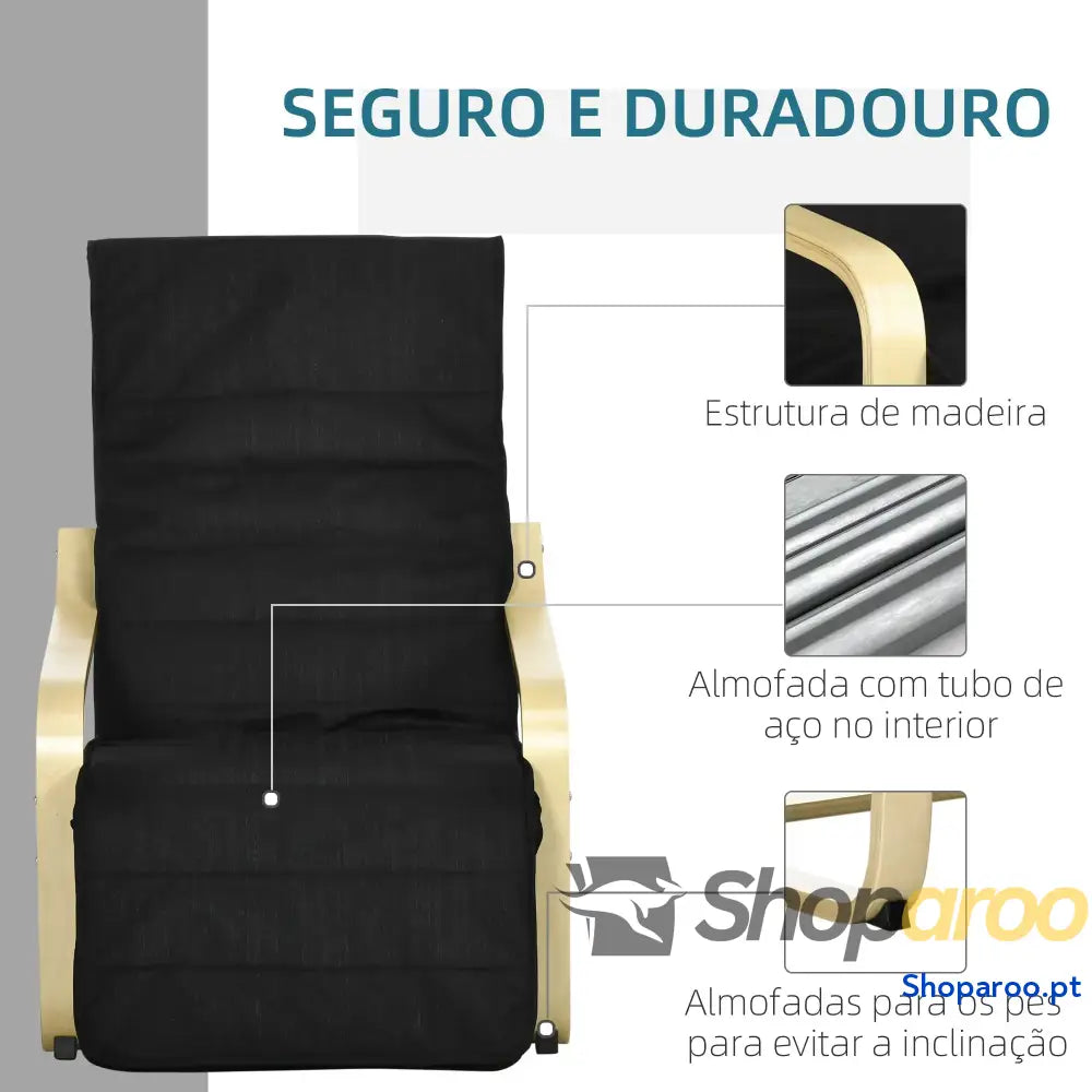 Poltrona Relax com Apoio para os Pés Ajustáveis Estofada em Tecido Estrutura de Madeira 66,5x94x100 cm Preto