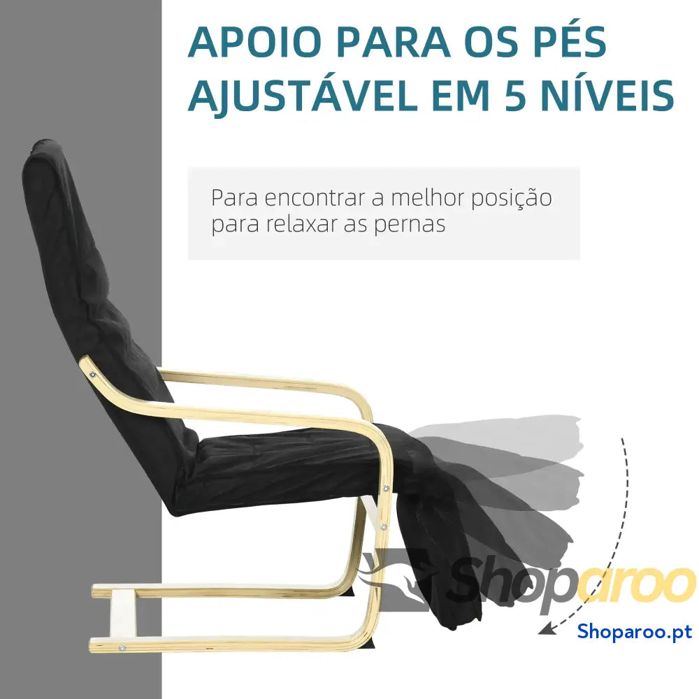 Poltrona Relax com Apoio para os Pés Ajustáveis Estofada em Tecido Estrutura de Madeira 66,5x94x100 cm Preto