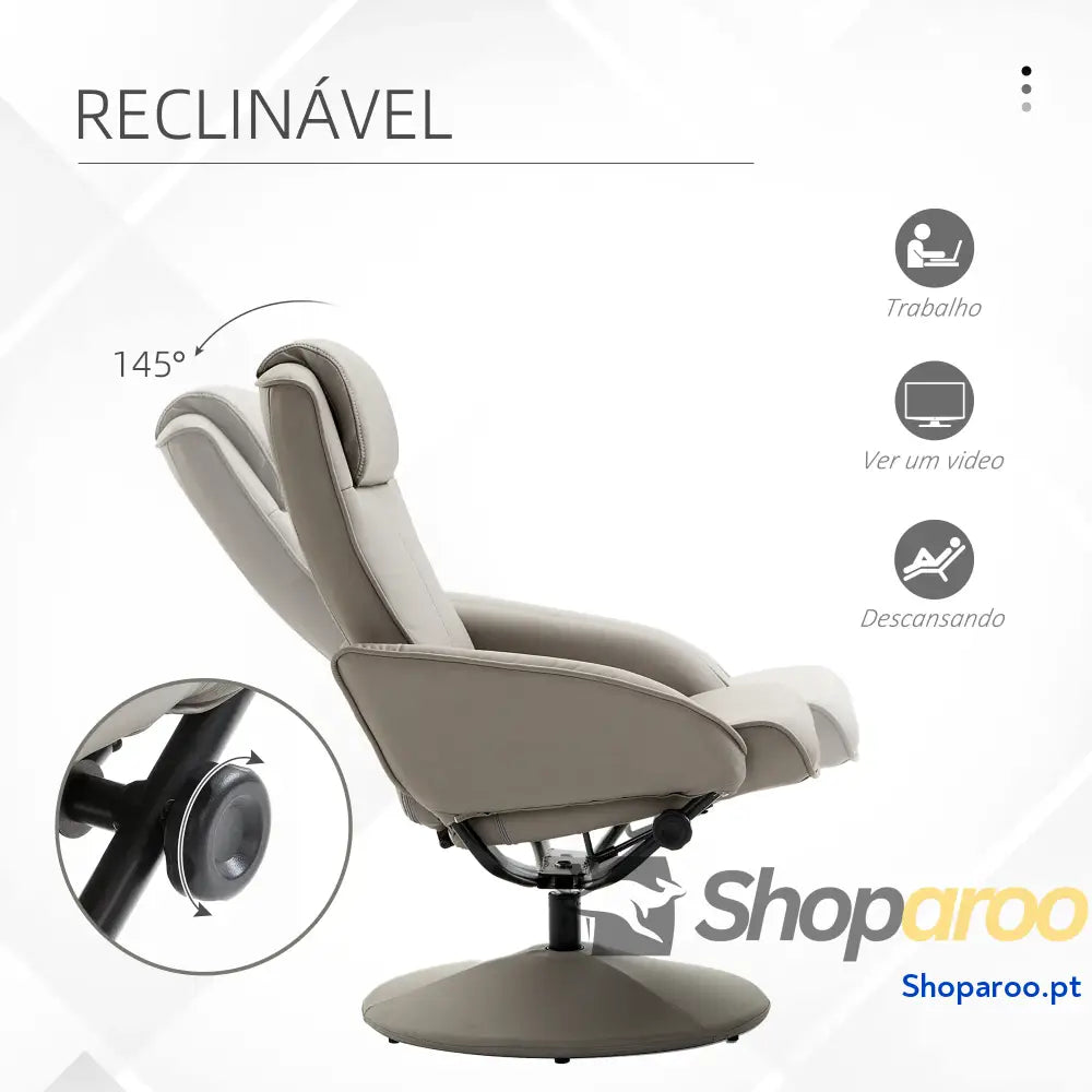 Poltrona Relax Reclinável até 145° com Banco de Apoio para os Pés Giratória 360° Estofada em PU e Estrutura Aço